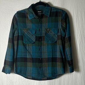RVCA Men's Teal and Black Plaid Shirt